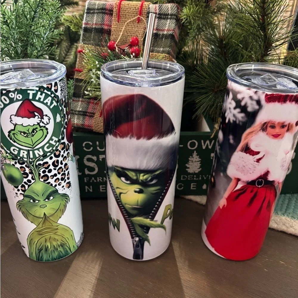 Grinch Christmas Tumbler Travel Cup with Lid & Reusable Straw